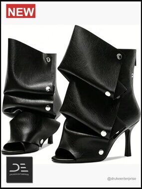 Open Toe Fold Over Ankle Booties Stiletto Heels Faux Leather Detachable Panel
